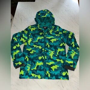 Lands end green blue Camo puffer puffy coat jacket l 14-16 new zip hood ski warm